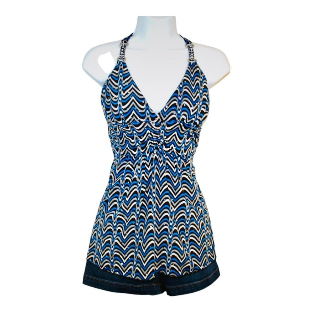 Mandee Women Top Blue White & black Stripped Large Empire Waist Sleeveless